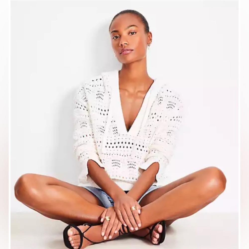 NWT LOFT Beach Pointelle Open Knit Pullover-Crochet Coverup-Whisper White-LG - Picture 7 of 10